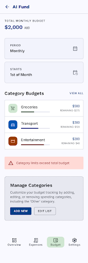 AI Fund budget settings mobile mockup from the refined Stitch design