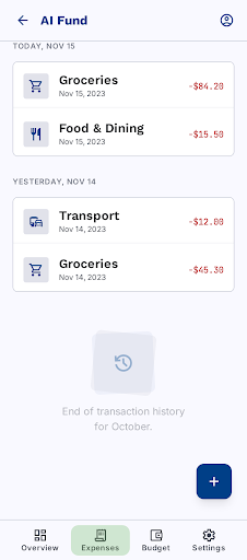 AI Fund expenses list mobile mockup from the refined Stitch design