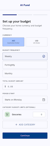 AI Fund budget setup mobile mockup from the refined Stitch design