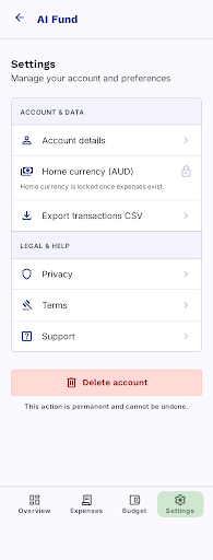 AI Fund settings mobile mockup from the refined Stitch design